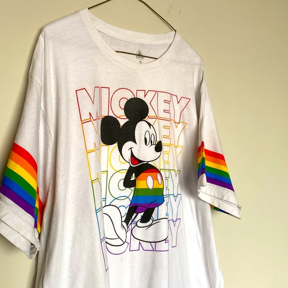 Disney Parks Rainbow Stripe Sleeve Pride Mickey Mouse White T-Shirt XL WDW - Picture 2 of 5